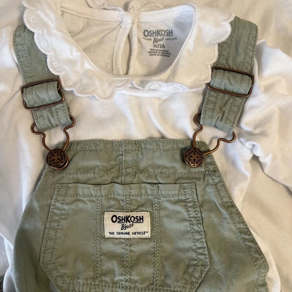 OshKosh Bgosh Girls 2T Sage Green Overalls Floral Cuff White Eyelet Lace Top Set